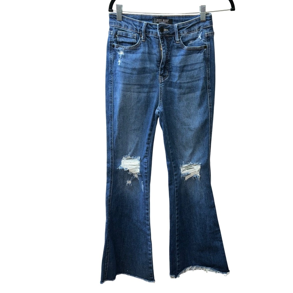Judy Blue Women Size 5 27 Flared Jeans Distressed Raw‎ Hem High Rise #JB88739
